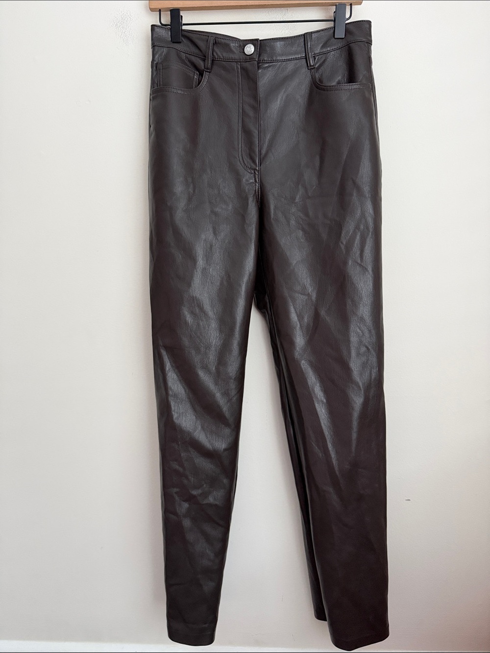 Aritzia Wilfred Melina Straight Pants Sparrow Taupe dark brown faux leather 8